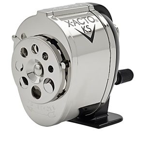 Chrome X-ACTO KS manual pencil sharpener with rotary dial and clamp base.