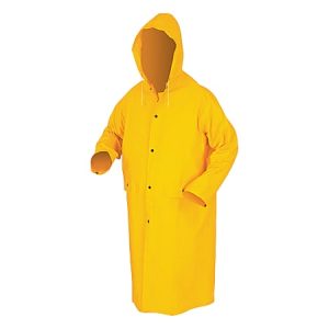 Bright yellow raincoat with hood and front buttons, featuring two pockets.