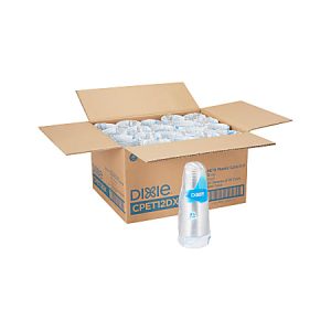 Open box of Dixie clear plastic cups with one sleeve standing in front.