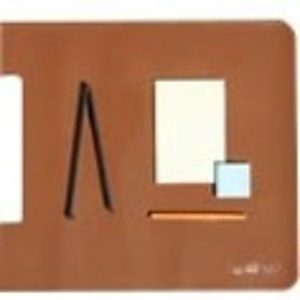 Brown desk organizer with dividers, holding a notebook, pen, pencil, sticky notes, and a pair of black scissors.