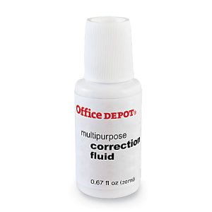 White bottle of Office Depot multipurpose correction fluid, 0.67 fl oz, with white cap, used for correcting printed text.