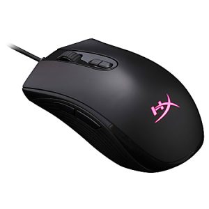 Black wired gaming mouse with pink logo, ergonomic design, and side buttons, suitable for enhanced gaming performance.