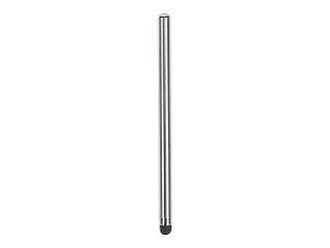 Silver stylus pen with black tip, standing vertically on a white background.