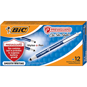 Box of 12 BIC Prevaguard Clic Stic Stylus pens, offering smooth writing and built-in protection to reduce bacteria growth.