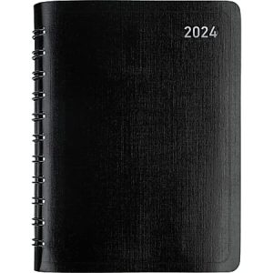 Black spiral-bound planner with "2024" in white text on the top right corner of the cover.