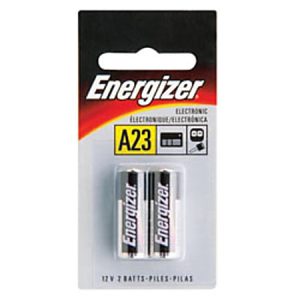 Energizer A23 12V battery pack with two batteries in blister packaging, suitable for electronic devices.