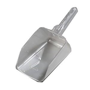 Clear plastic scoop with a rectangular shape and a short handle, used for scooping and transferring bulk materials.
