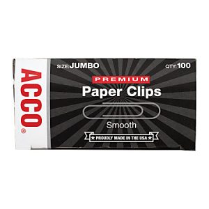 Box of 100 ACCO Jumbo Premium Paper Clips, smooth finish, made in the USA.