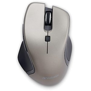 Sleek silver Verbatim wireless computer mouse with ergonomic design and a central scroll wheel.