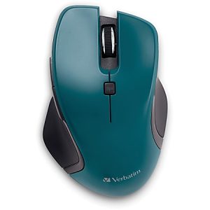 Teal wireless computer mouse with black accents, ergonomic shape, and a visible DPI button, brand name Verbatim.