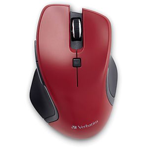 Red Verbatim wireless mouse with black accents and a scroll wheel, featuring a DPI button below the wheel.