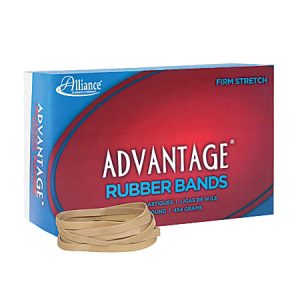 Box of Advantage rubber bands labeled "Firm Stretch" with a small stack of tan rubber bands in front.