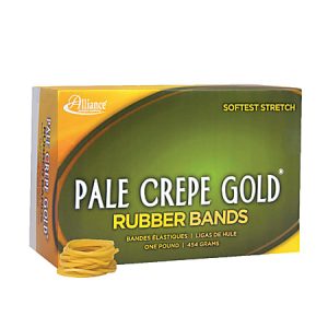 Box of Pale Crepe Gold rubber bands with "Softest Stretch" label, featuring a small pile of bands beside it.