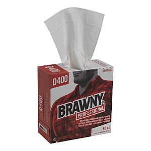 Box of Brawny Professional D400 disposable cleaning towels with one towel pulled out, featuring a red plaid design.