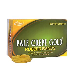 Box of Alliance Pale Crepe Gold rubber bands, labeled "softest stretch," with a small pile of yellow bands beside it.