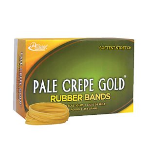 Box of Alliance Pale Crepe Gold rubber bands with a few bands in front. Packaging highlights "softest stretch.