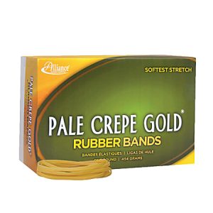 Box of Pale Crepe Gold rubber bands with a few loose bands in front. The packaging highlights "Softest Stretch.