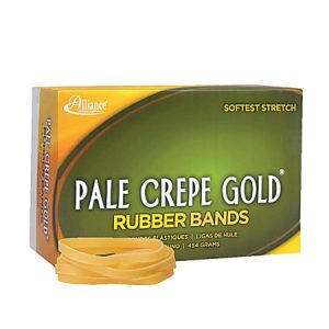 Box of Pale Crepe Gold rubber bands with a stack of bands in front, labeled "Softest Stretch" by Alliance.