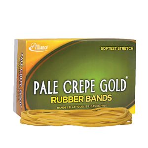 Box of Pale Crepe Gold rubber bands with several rubber bands lying in front, labeled "Softest Stretch.