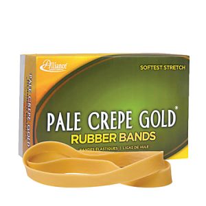 Box of Pale Crepe Gold rubber bands, labeled "Softest Stretch," with several yellow bands in front.