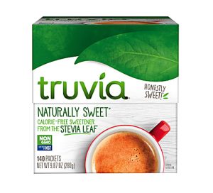 Truvia calorie-free sweetener box, featuring 140 packets, made from stevia leaf, with a red cup of coffee on the front.