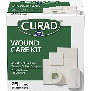 Curad Wound Care Kit box with 25 items for large wounds and post-surgery; includes bandages and gauze in assorted sizes.