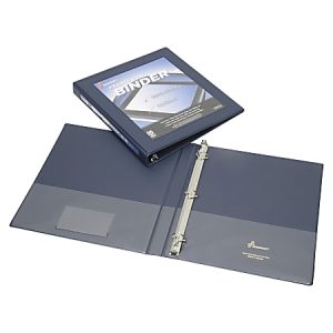 Blue three-ring binder, one open and one closed, showing pockets and metal rings for organizing documents.