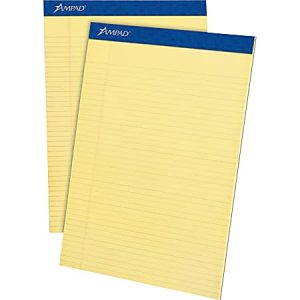 Two yellow legal pads with blue headers and horizontal lines, stacked slightly offset.