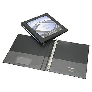 Black three-ring binder, open and closed view, with a clear cover pocket for customizable labels.