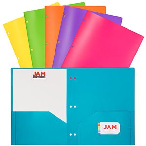 Colorful plastic folders with three holes, in green, yellow, orange, purple, pink, and blue, displayed open and closed.
