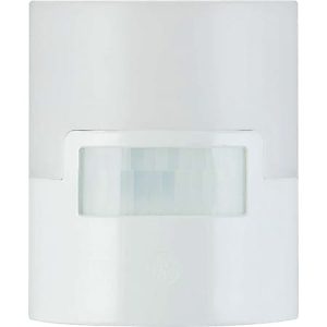 White motion sensor with a rectangular design and translucent detection window.