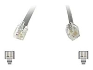 Two gray RJ11 telephone cables with clear connectors on a white background, shown alongside connector diagrams.