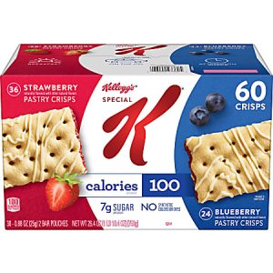 Kellogg's Special K Pastry Crisps box with strawberry and blueberry flavors, 100 calories per pack, 30 bars total.