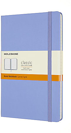 Blue Moleskine classic collection notebook with a ruled layout, hard cover, and elastic band closure.