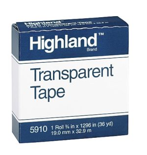 Highland Transparent Tape box, 1 roll, 3/4 inch x 1296 inches (36 yards), 19.0 mm x 32.9 m.