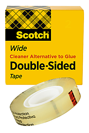 Scotch double-sided tape with yellow packaging, labeled as a wide, cleaner alternative to glue.