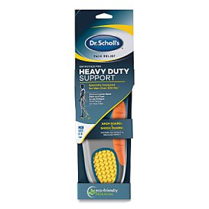 Dr. Scholl's Heavy Duty Support insoles for men over 200 lbs, featuring arch and shock guard, in eco-friendly packaging.