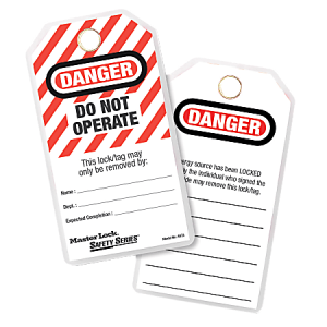 Two "Danger" lockout tags with text areas for name, department, and completion date, warning not to operate machinery.