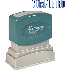 Green self-inking stamp labeled "Xstamper Eco-Green" with "COMPLETED" text above in blue.