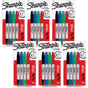 Six packs of Sharpie Twin Tip markers in assorted colors, featuring permanent ink and dual-tip design.