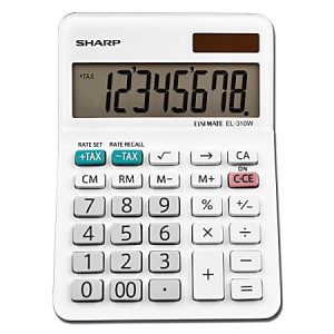White Sharp calculator displaying "12345678" with various function buttons, including tax, CE, and rate settings.