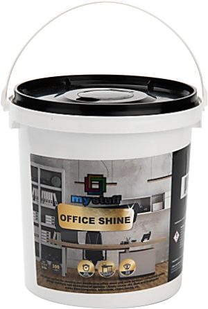 White bucket labeled "My Stuff Office Shine" with a black lid, featuring office interior image and cleaning icons.