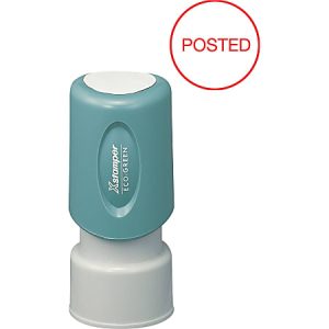 Eco-friendly Xstamper with "POSTED" imprint in red circle, featuring a teal top and white base.