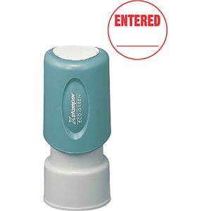 Eco-friendly teal stamp labeled "Xstamper Entered" with red text imprint "ENTERED" and line for additional text.