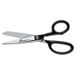 Black-handled scissors with a shiny metal blade, positioned open on a plain white background.