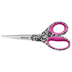 Scissors with black floral-patterned handle and pink grips, featuring the brand name "Westcott" on the blade.