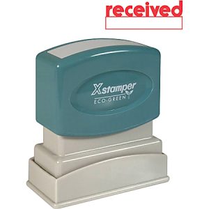 Teal and white "Xstamper Eco-Green" stamp with red "received" imprint above it.