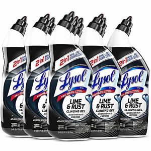 Six bottles of Lysol Lime & Rust Clinging Gel, angled to show labels, highlight 2-in-1 disinfecting and cleaning action.
