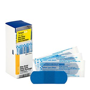 Box of SmartTab blue metal-detectable fabric bandages with three loose bandages, designed for first aid use.