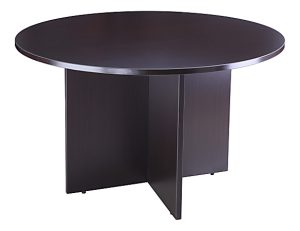 Dark brown round wooden table with a central cross-shaped base.
